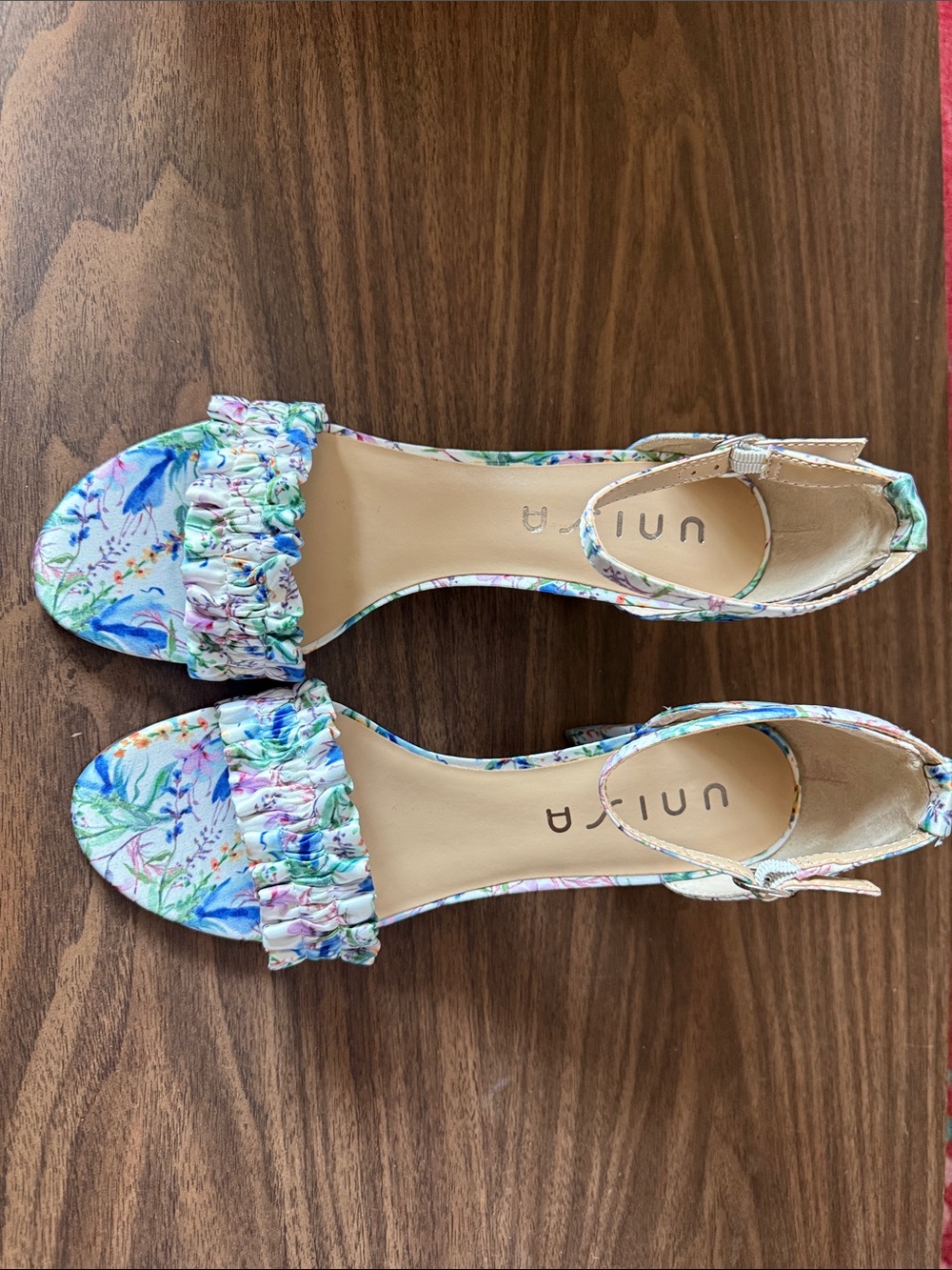 Unisa Blue Floral Ruffled Ankle-Strap Sandals